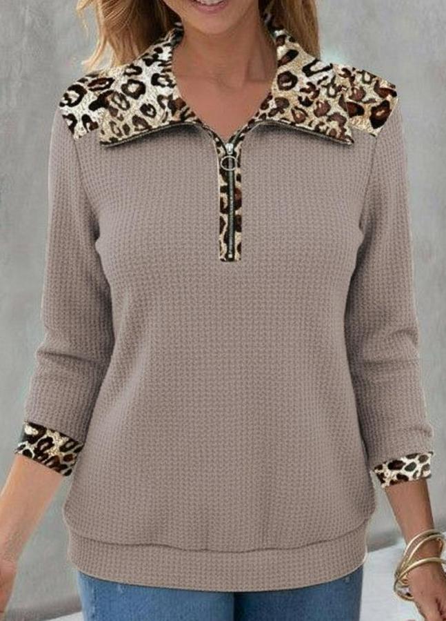 Uzun Kollu Leopar Yakalı Fermuarlı Waffle Bluz