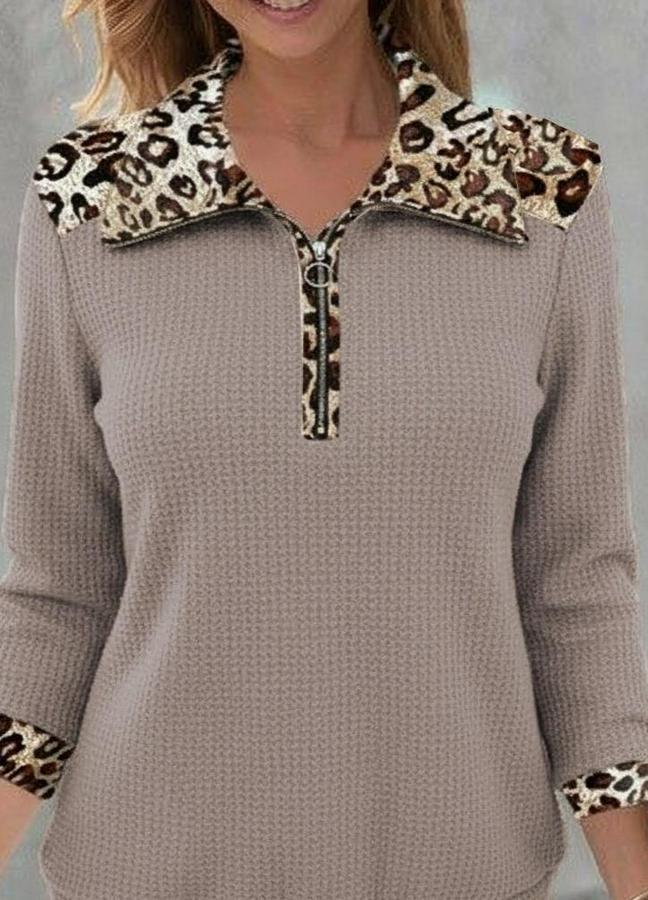 Uzun Kollu Leopar Yakalı Fermuarlı Waffle Bluz