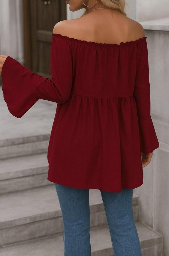 Uzun Kollu Madonna Yaka Asimetrik Detaylı Kolları Ispanyol Viskon Bluz