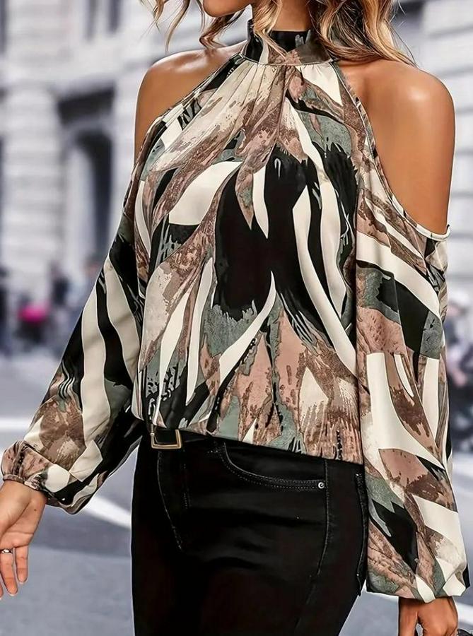 Uzun Kollu Omuzlardan Açık Balıkçı Yaka Desenli Süprem Bluz