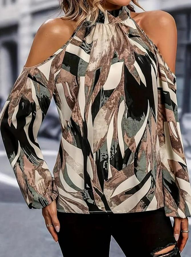 Uzun Kollu Omuzlardan Açık Balıkçı Yaka Desenli Süprem Bluz