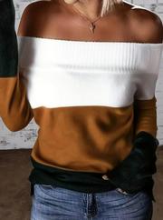 Uzun Kollu Omuzlardan Açık Uzun Kollu Blok Çizgili Triko Bluz