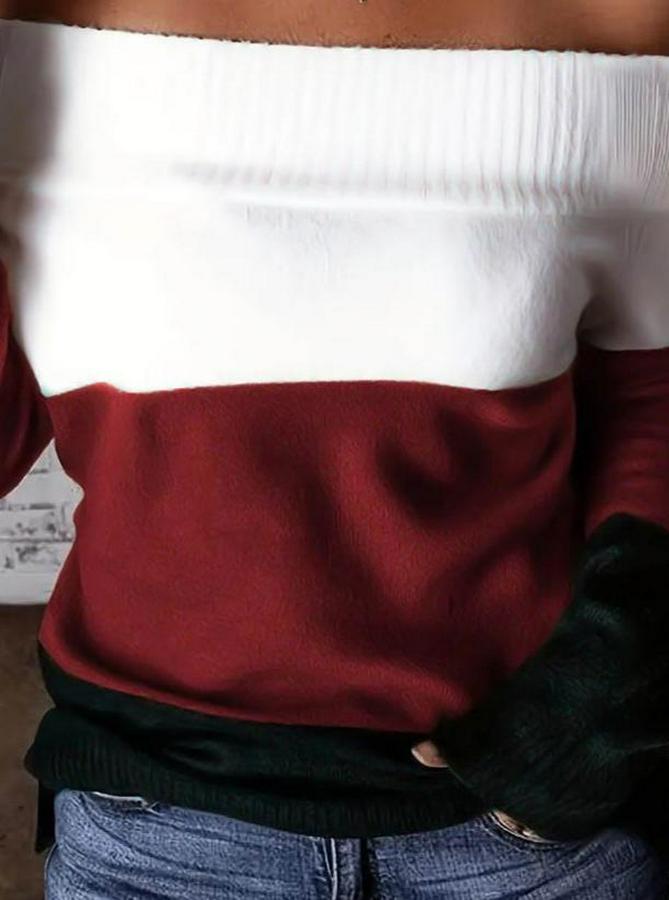 Uzun Kollu Omuzlardan Açık Uzun Kollu Blok Çizgili Triko Bluz