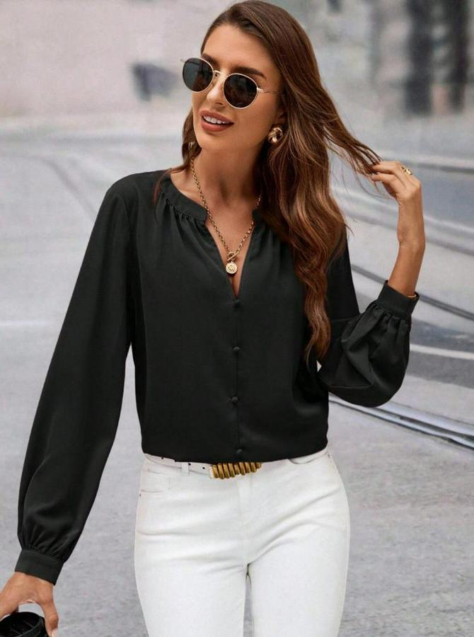 Uzun Kollu Önden Düğmeli Hakim Yaka Ithal Krep Bluz