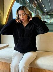 Uzun Kollu Önden Fermuarlı Cepli Peluş Sweat