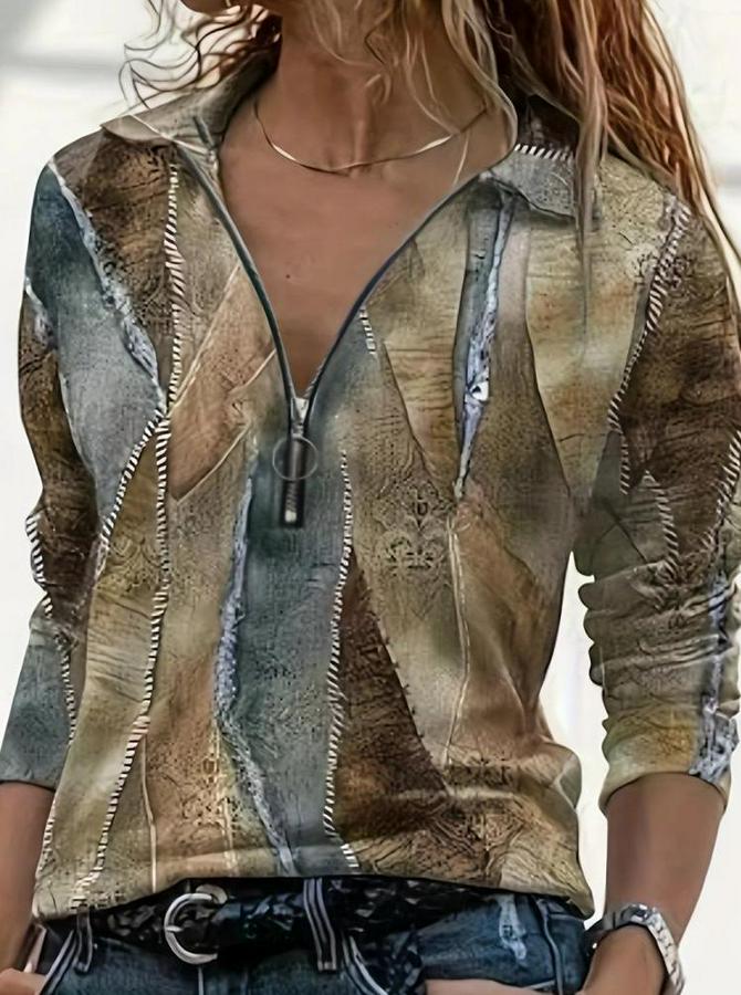 Uzun Kollu Önden Fermuarlı Iki Iplik Bluz