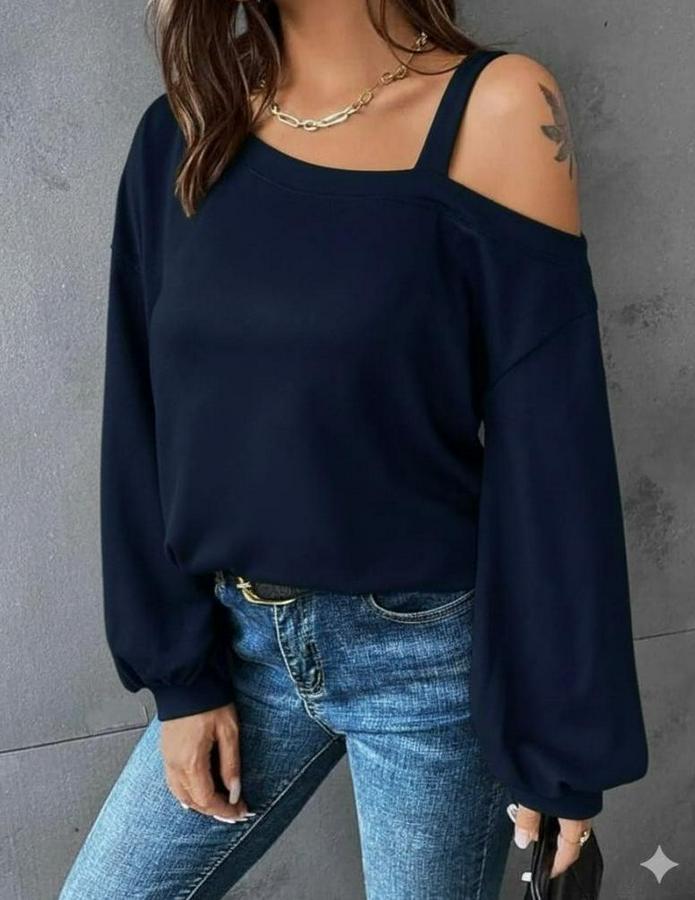 Uzun Kollu Tek Omuz Askı Detay Salaş Viskon Iki Iplik Bluz