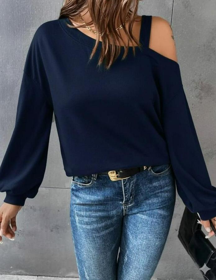 Uzun Kollu Tek Omuz Askı Detay Salaş Viskon Iki Iplik Bluz