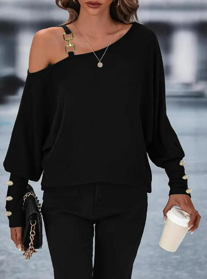 Uzun Kollu Tek Omuzdan Açık Askı Detaylı Waffle Bluz