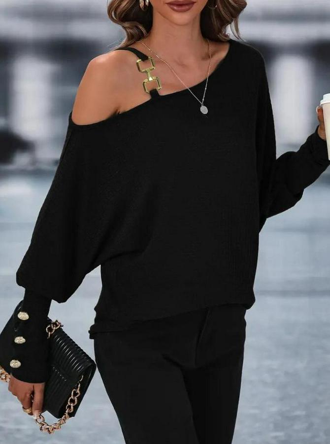 Uzun Kollu Tek Omuzdan Açık Askı Detaylı Waffle Bluz