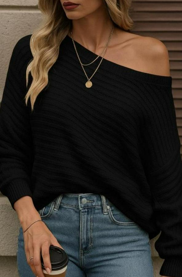 Uzun Kollu Tek Omuzu Açık Triko Bluz