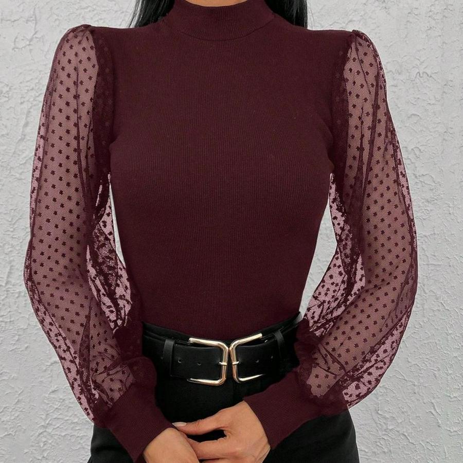 Uzun Kollu Tül Detaylı Yarım Balıkçı Yaka Kaşkorse Bluz