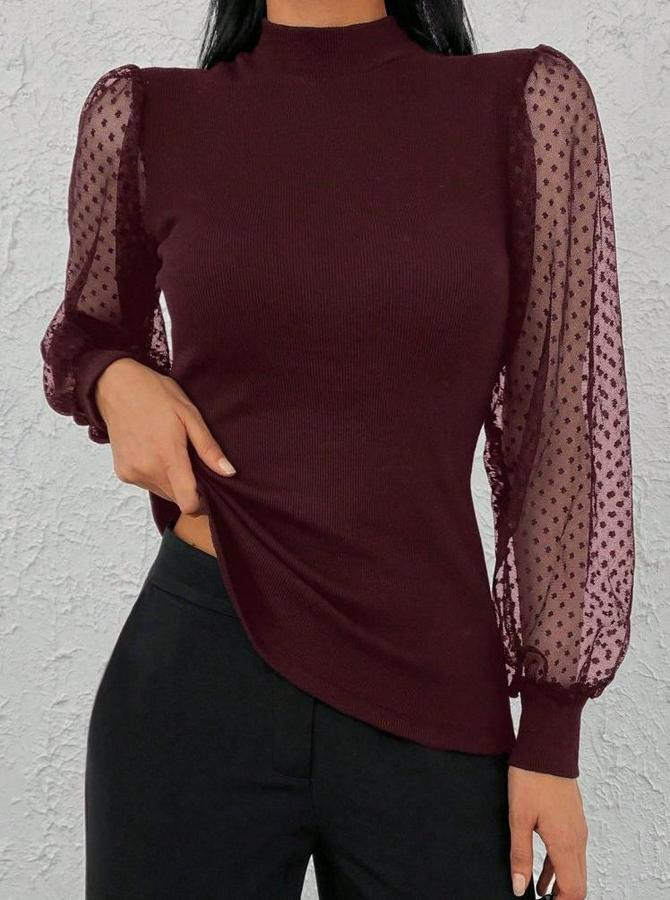 Uzun Kollu Tül Detaylı Yarım Balıkçı Yaka Kaşkorse Bluz