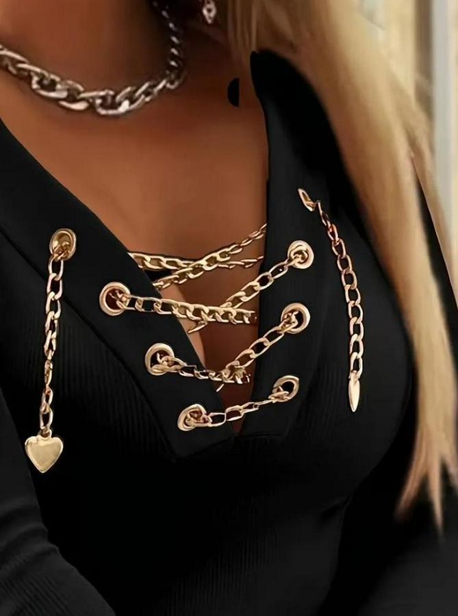 Uzun Kollu V Çapraz Zincir Detaylı Kaşkorse Bluz