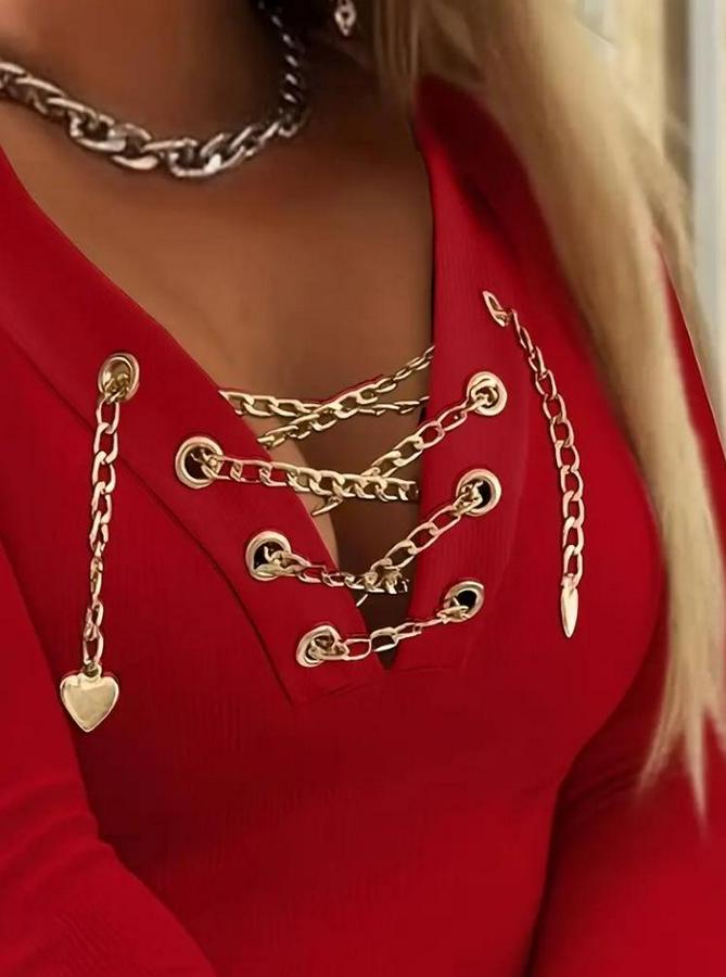 Uzun Kollu V Çapraz Zincir Detaylı Kaşkorse Bluz