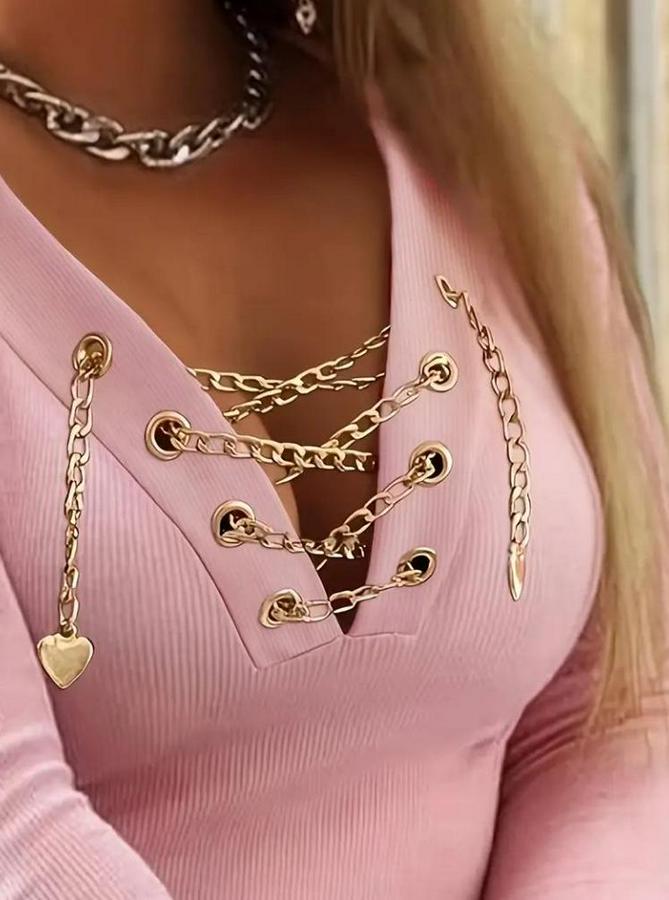 Uzun Kollu V Çapraz Zincir Detaylı Kaşkorse Bluz