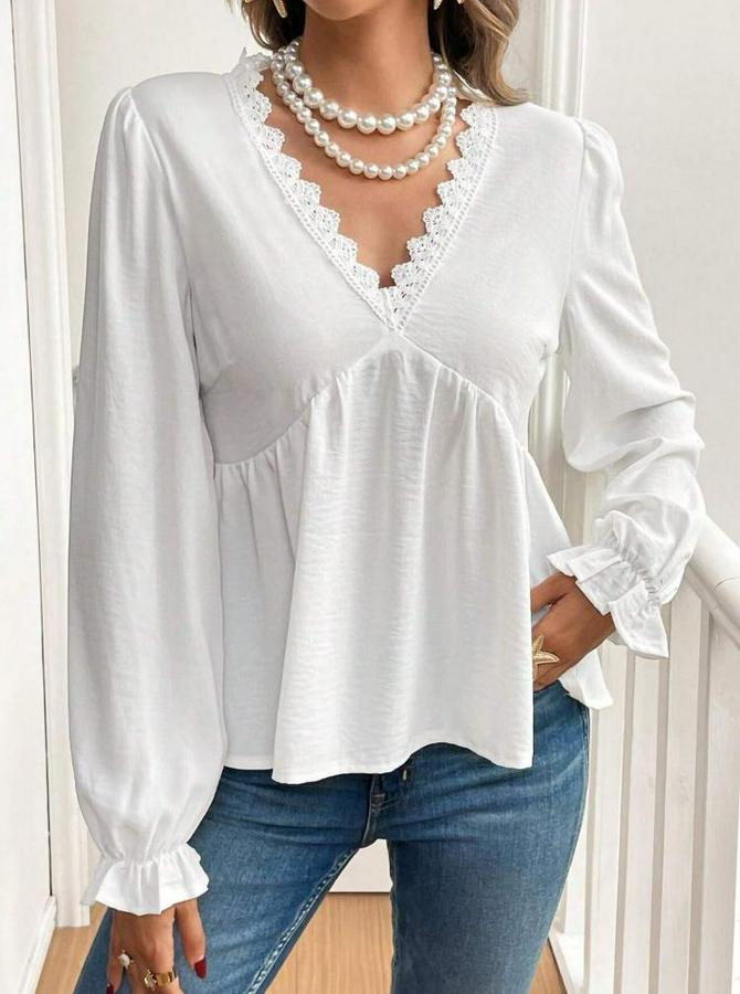Uzun Kollu V Dantel Yaka Aerobin Bluz