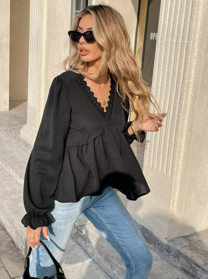 Uzun Kollu V Dantel Yaka Aerobin Bluz