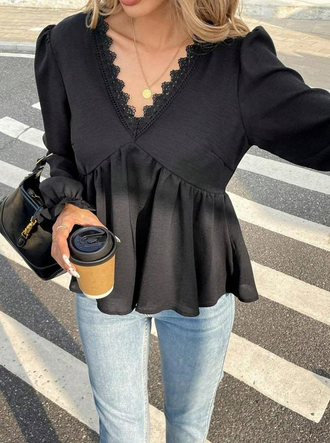 Uzun Kollu V Dantel Yaka Aerobin Bluz
