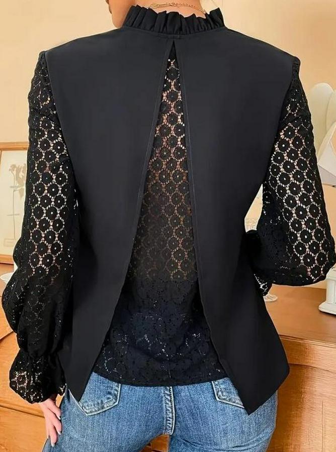 Uzun Kollu V Fırfır Yakalı Arkası Çapraz Detaylı Ithal Krep Bluz