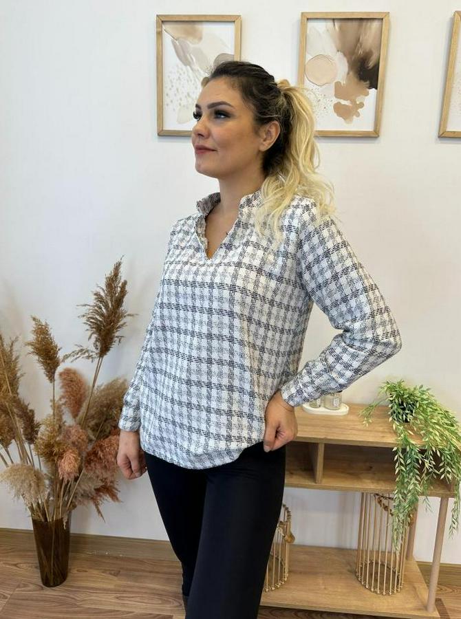 Uzun Kollu V Hakim Yaka Çok Renkli Dokuma Bluz