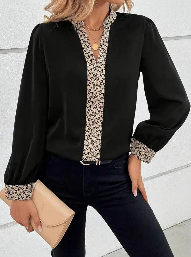 Uzun Kollu V Hakim Yakalı Desenli Ithal Krep Bluz
