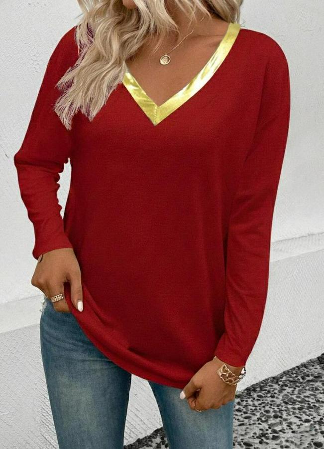 Uzun Kollu V Parlak Yaka Detaylı Viskon Bluz