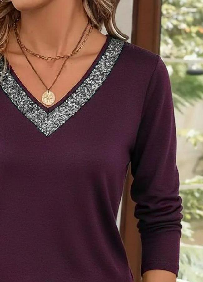 Uzun Kollu V Payet Yakalı Viskon Mürdüm Bluz
