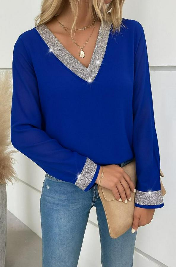 Uzun Kollu V Pulpayet Yakalı Ithal Krep Bluz