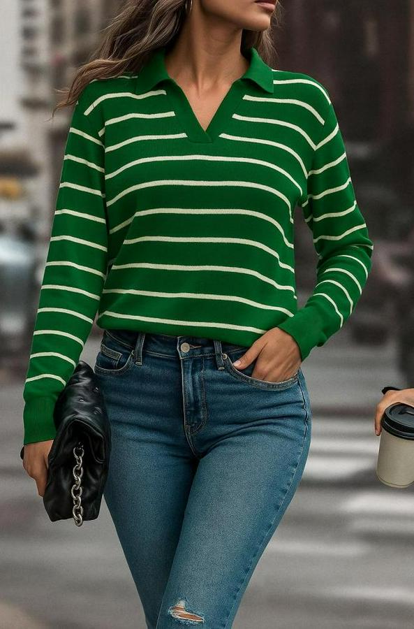 Uzun Kollu V Yaka Çizgili Triko Bluz