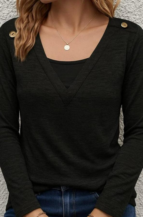 Uzun Kollu V Yaka Düğme Detaylı Yumoş Bluz