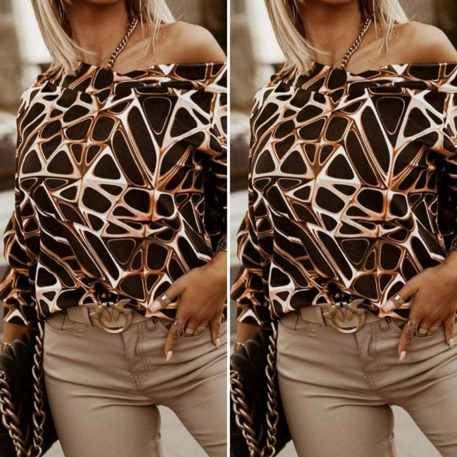 Uzun Kollu V Yaka Düşük Omuz Geometrik Desen Şardonlu Dalgıç Bluz