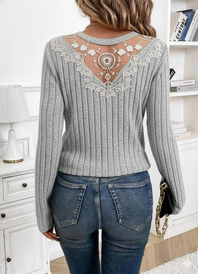 Uzun Kollu V Yakalı Arkadan Dantel Detaylı Şardonlu Kaşkorse Bluz