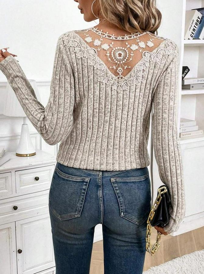 Uzun Kollu V Yakalı Arkadan Dantel Detaylı Şardonlu Kaşkorse Bluz