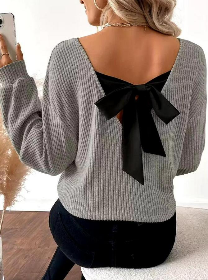 Uzun Kollu V Yakalı Arkadan Kurdela Detaylı Şardonlu Kaşkorse Bluz