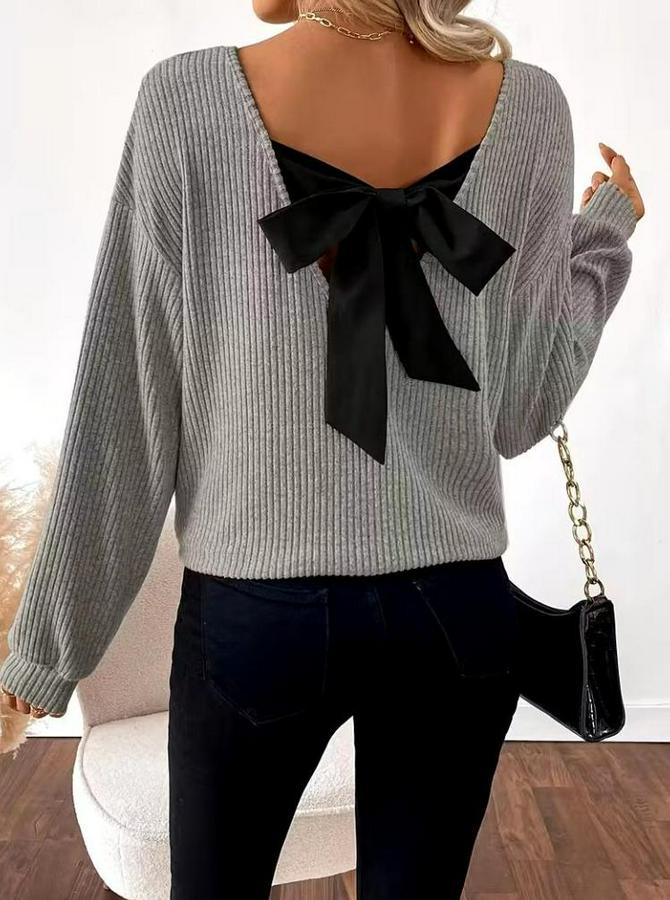 Uzun Kollu V Yakalı Arkadan Kurdela Detaylı Şardonlu Kaşkorse Bluz