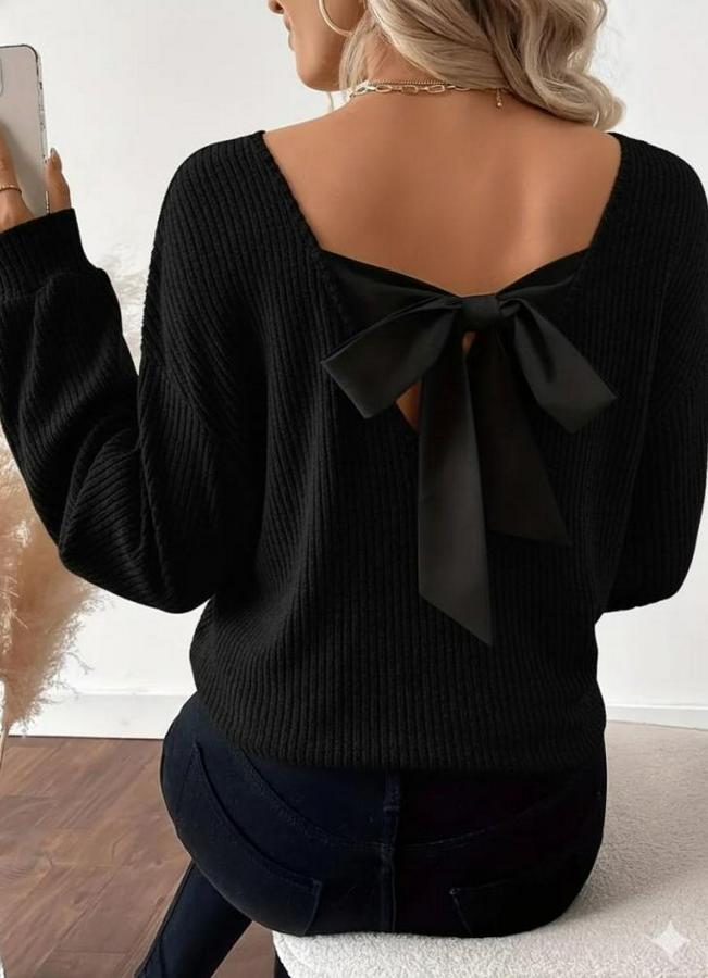 Uzun Kollu V Yakalı Arkadan Kurdela Detaylı Şardonlu Kaşkorse Bluz