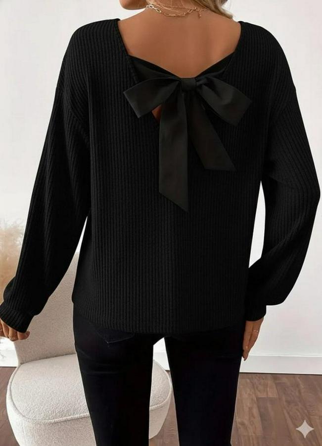 Uzun Kollu V Yakalı Arkadan Kurdela Detaylı Şardonlu Kaşkorse Bluz