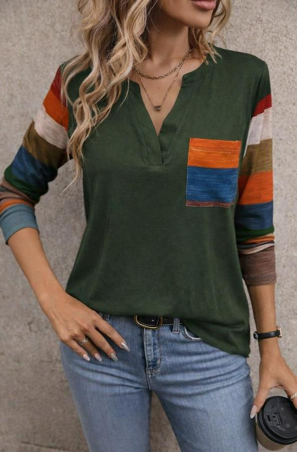 Uzun Kollu V Yakalı Cepli Çok Renkli Viskon Bluz