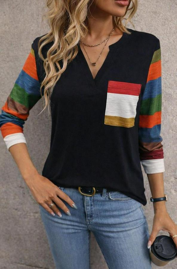 Uzun Kollu V Yakalı Cepli Çok Renkli Viskon Bluz