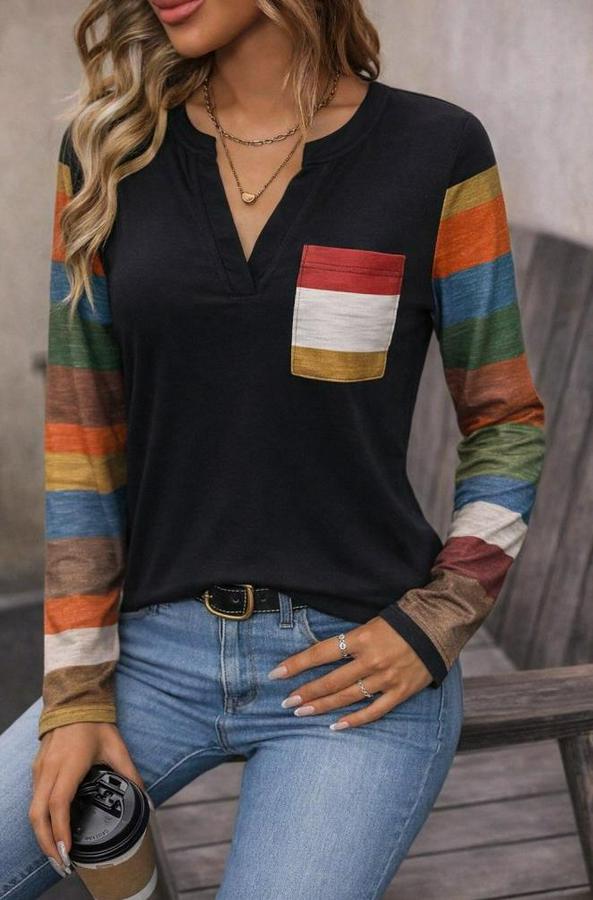 Uzun Kollu V Yakalı Cepli Çok Renkli Viskon Bluz