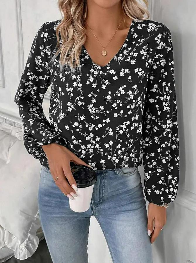 Uzun Kollu V Yakalı Çiçek Desenli Modal Bluz