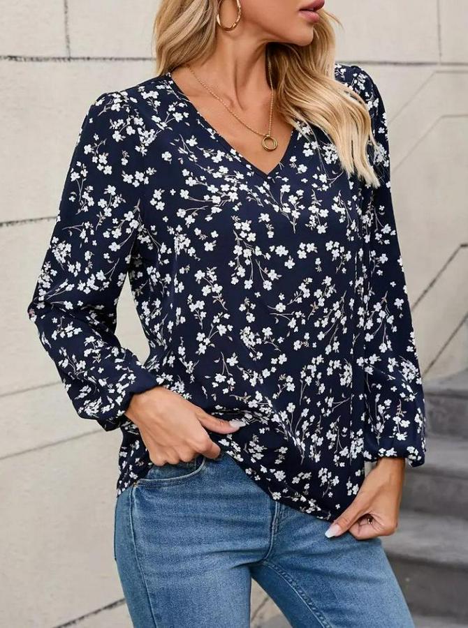 Uzun Kollu V Yakalı Çiçek Desenli Modal Bluz