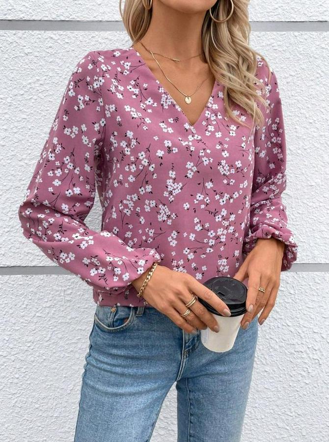 Uzun Kollu V Yakalı Çiçek Desenli Modal Bluz