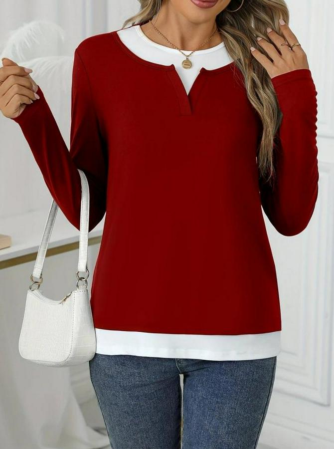 Uzun Kollu V Yakalı Çift Renkli Viskon Iki Iplik Bluz