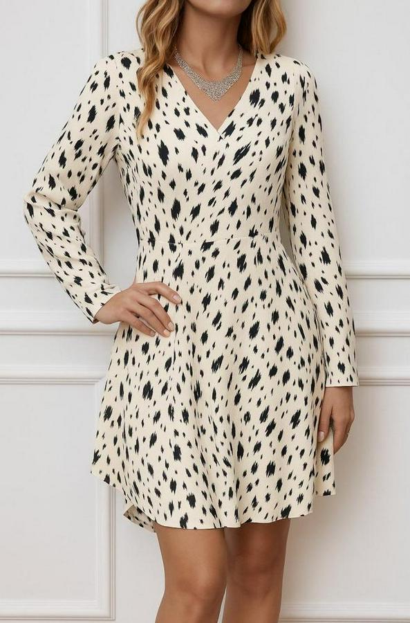 Uzun Kollu V Yakalı Desenli Kısa Keten Elbise