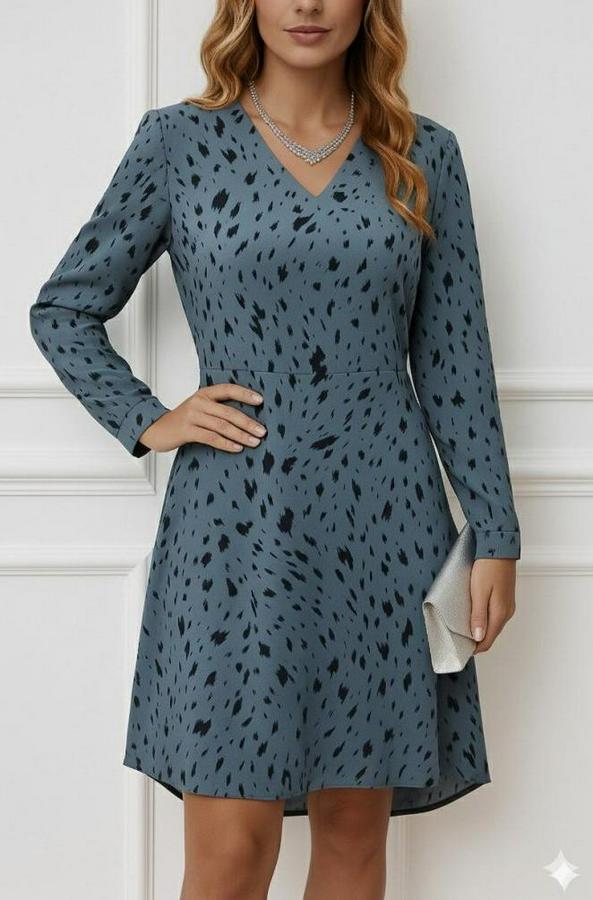 Uzun Kollu V Yakalı Desenli Kısa Keten Elbise