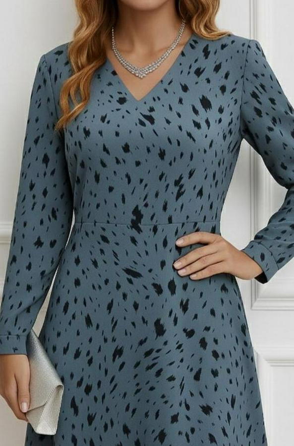 Uzun Kollu V Yakalı Desenli Kısa Keten Elbise