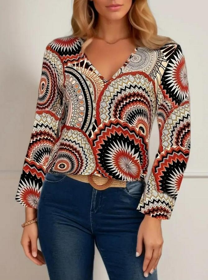 Uzun Kollu V Yakalı Desenli Süprem Bluz