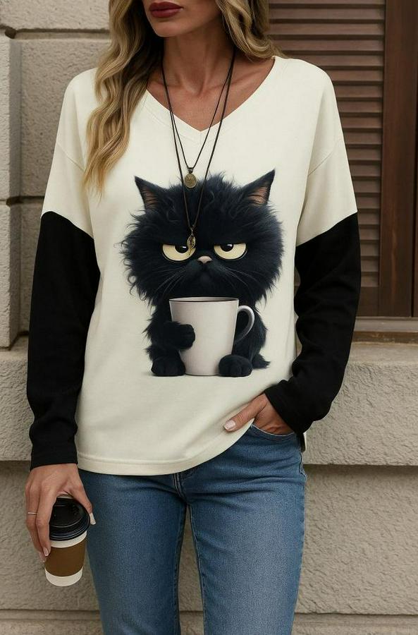 Uzun Kollu V Yakalı Kedi Baskılı Şardonlu Dalgıç Bluz